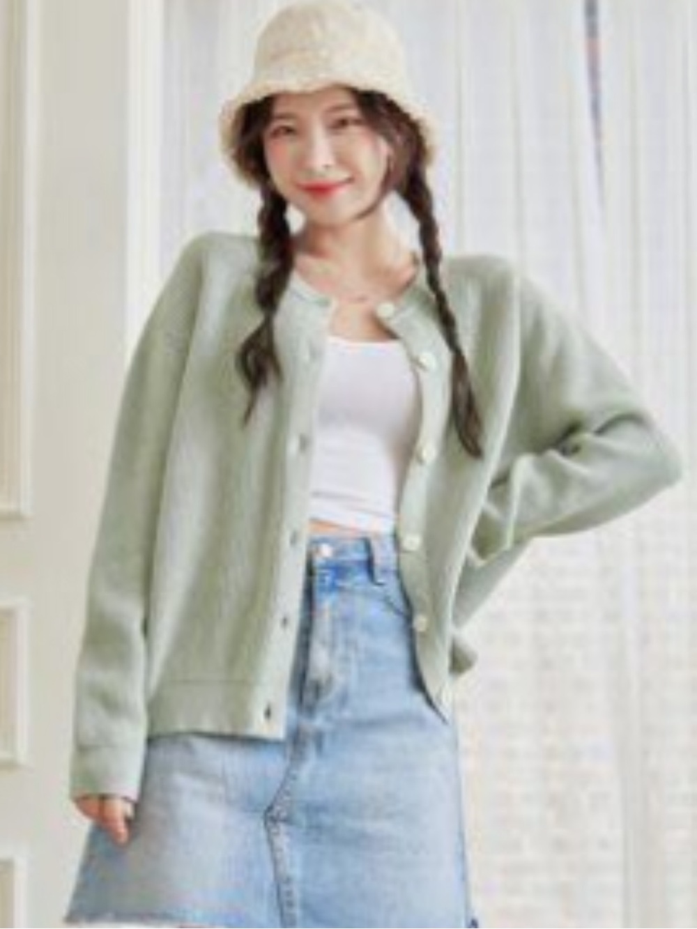 SHEIN Light Sage Button-Up Knit Cardigan